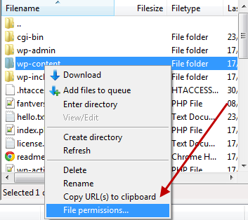 the wp-content folder in an FTP program. The contextual fly out menu is open and the file permissions setting highlighted
