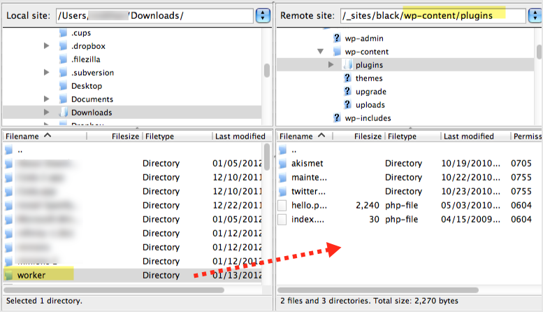 the filezilla client. A file is being dragged from the local to the remote site