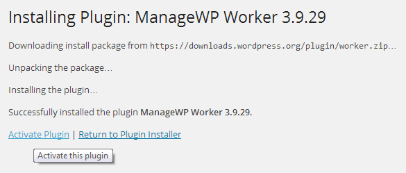 Activating the ManageWP Worker plugin