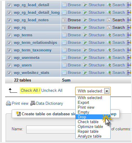 the table in the MySQL database with the Check All button highlighted. A dropdown menu is expanded with the mouse pointer hovering over the Drop item