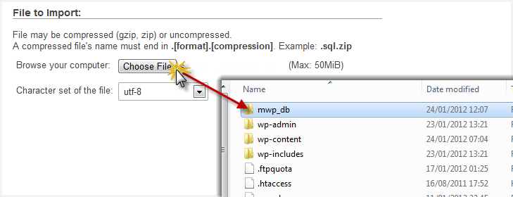 a screenshot of the choose file button. A mouse hovers over the button, in a separate screen the mwp_db folder is displayed