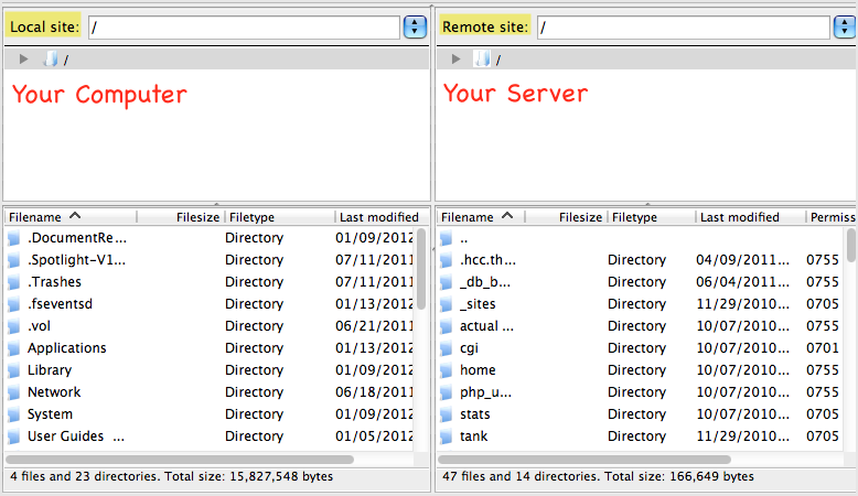 the filezilla ftp client with the local site on the left, and the remote on the right