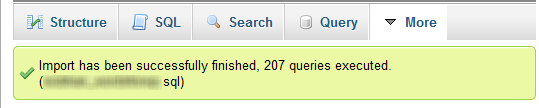 the success message in phpMyadmin confirming that the backup has been restored