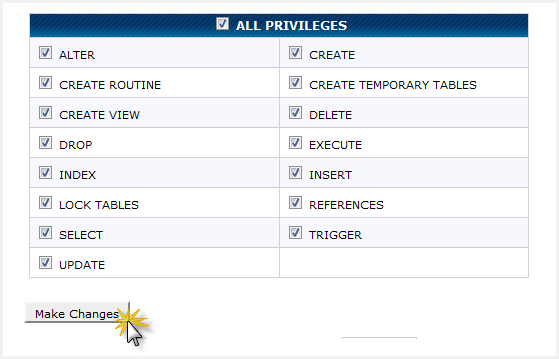 the cpanel mysql table to add user privilieges