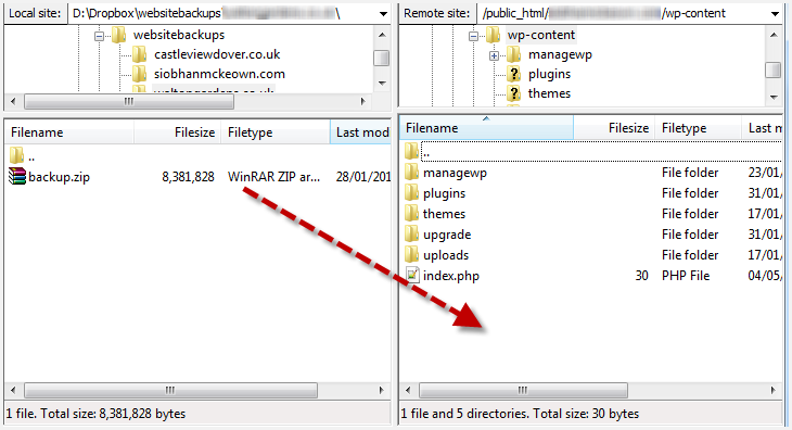 a screenshot of filezilla showing the backup zip file being uploaded to a remote server