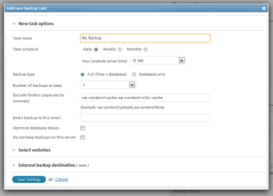 ManageWP Backup Options Screen