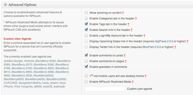 WPtouch Advanced Options
