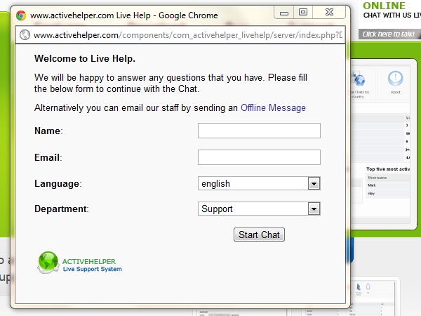 ActiveHelper LiveHelp - Form used to start a chat.