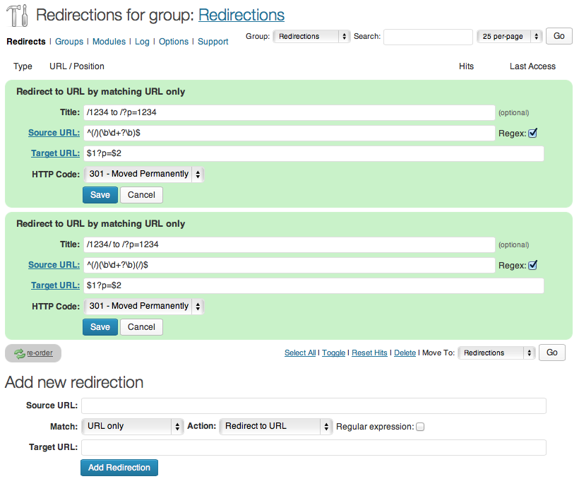 Redirection regex rules