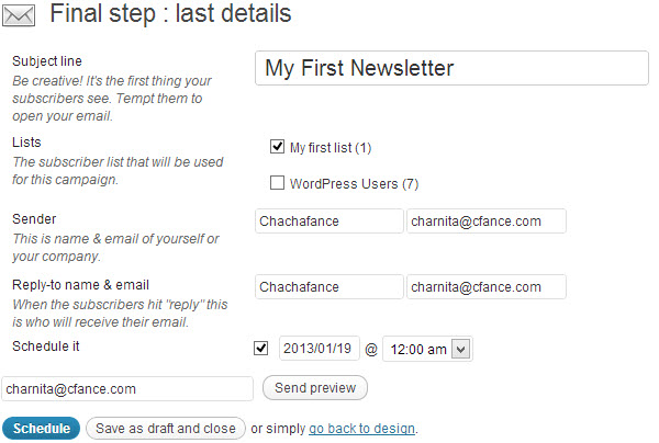 Finalize your newsletter details before scheduling or saving as a draft.