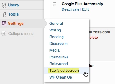Tabify Edit Screen options under settings menu in WordPress.