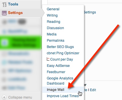 Find the Image Wall options page under the Settings menu.