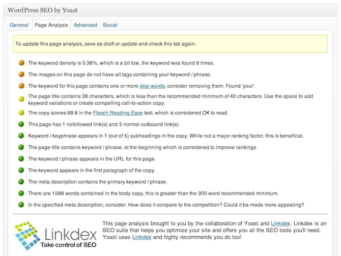 A screenshot of WordPress SEO's Page Analysis tool.