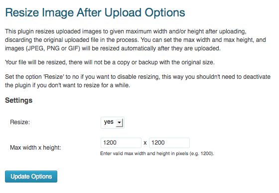 Screenshot of Resize Image After Upload's settings screen.