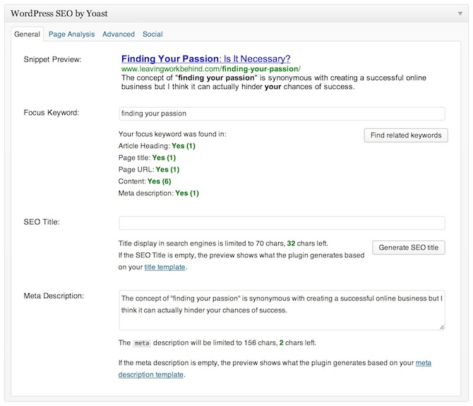 A screenshot of the WordPress SEO by Yoast meta box on the post screen in WordPress.