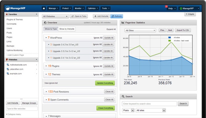 A screenshot of the new ManageWP dashboard.