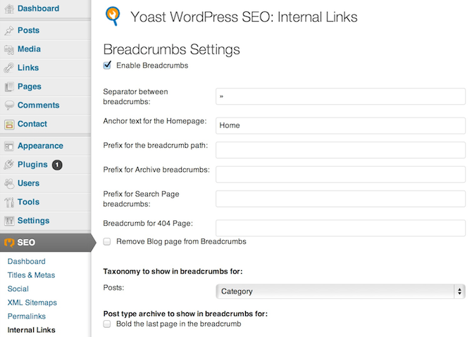 WordPress SEO Internal Links settings page.