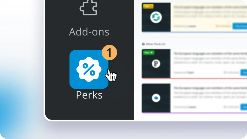 ManageWP dashboard showing the new Perks page in the left sidebar with featured offers on the right.
