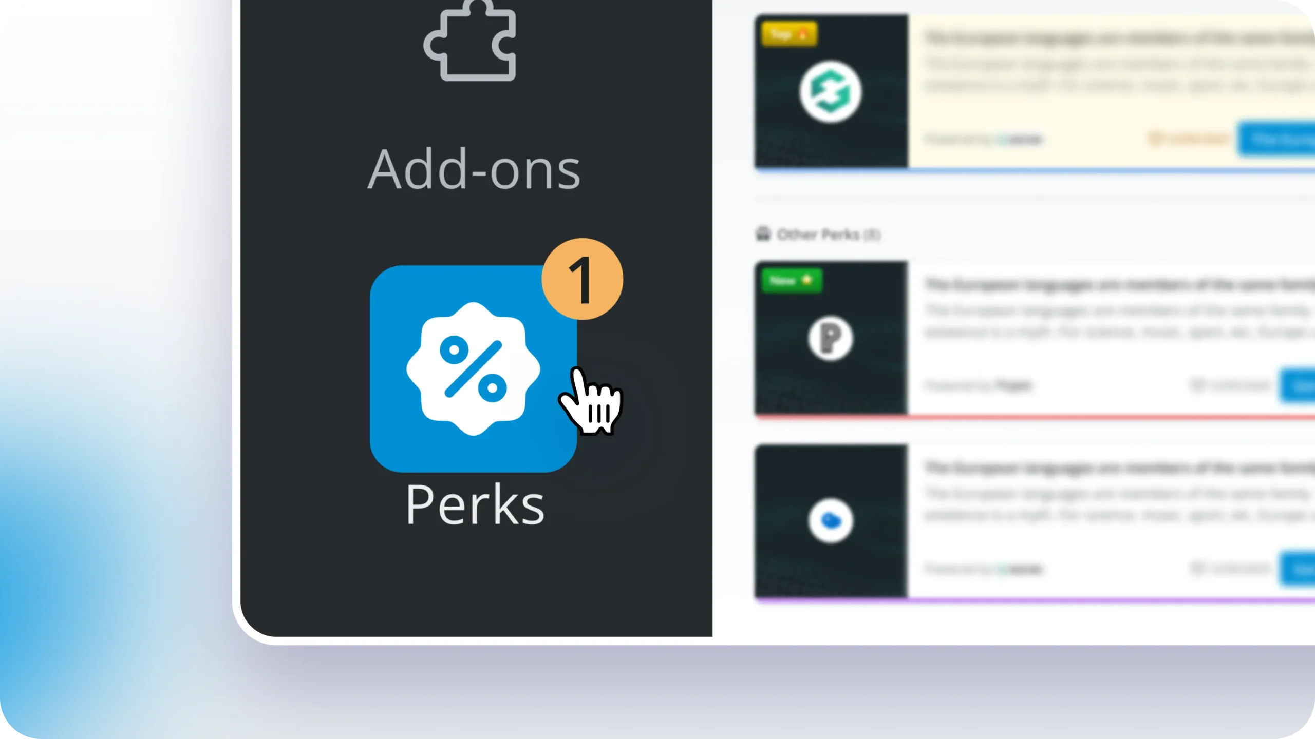 ManageWP dashboard showing the new Perks page in the left sidebar with featured offers on the right.