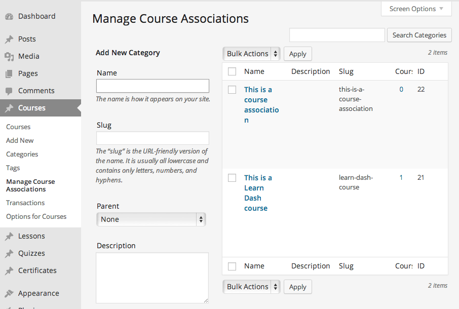 A course title became an "Association" by default.