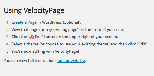 VelocityPage Settings