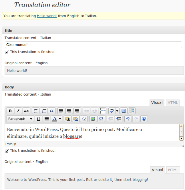 WPML's side-by-side translation editor