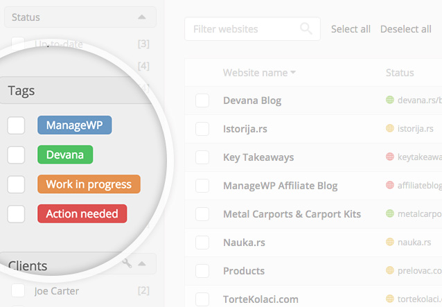 ManageWP - Tags & Clients