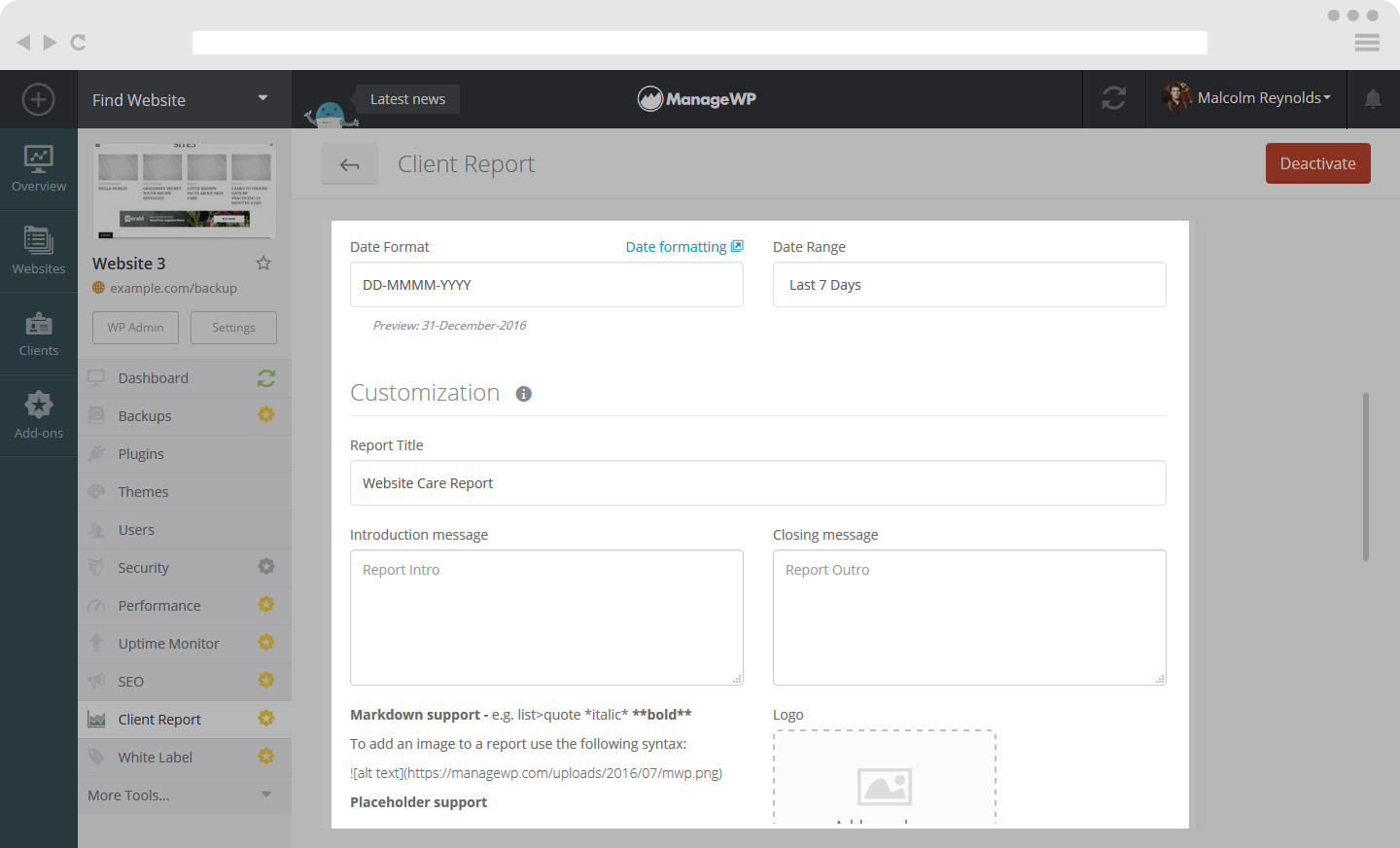 Client Report template options