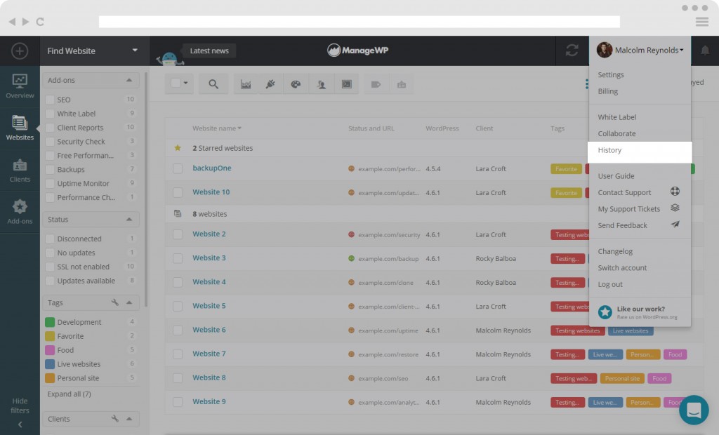 How to check your Dashboard History ManageWP