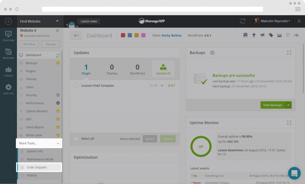 How to use Code Snippets from your dashboard - ManageWP