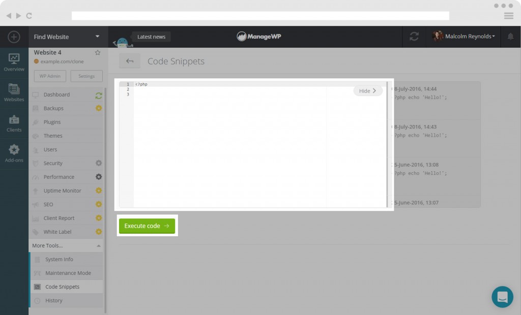 How to use Code Snippets from your dashboard - ManageWP