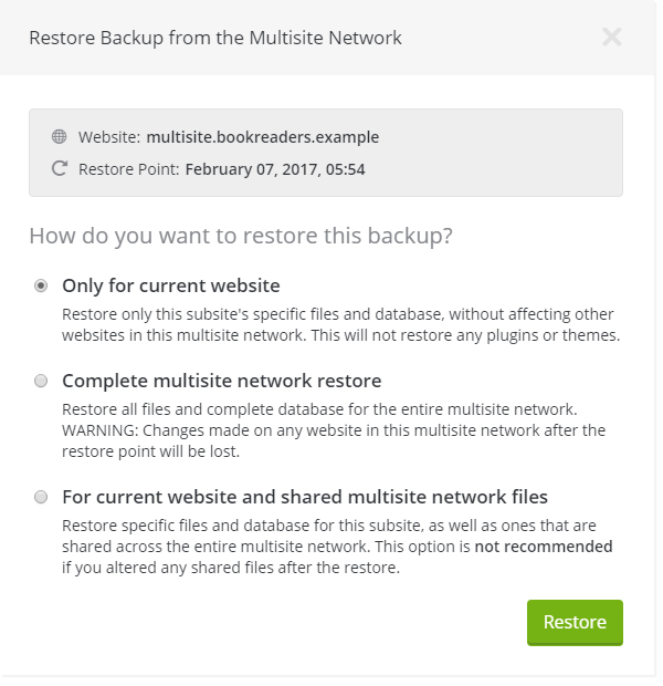 Multisite websites restore