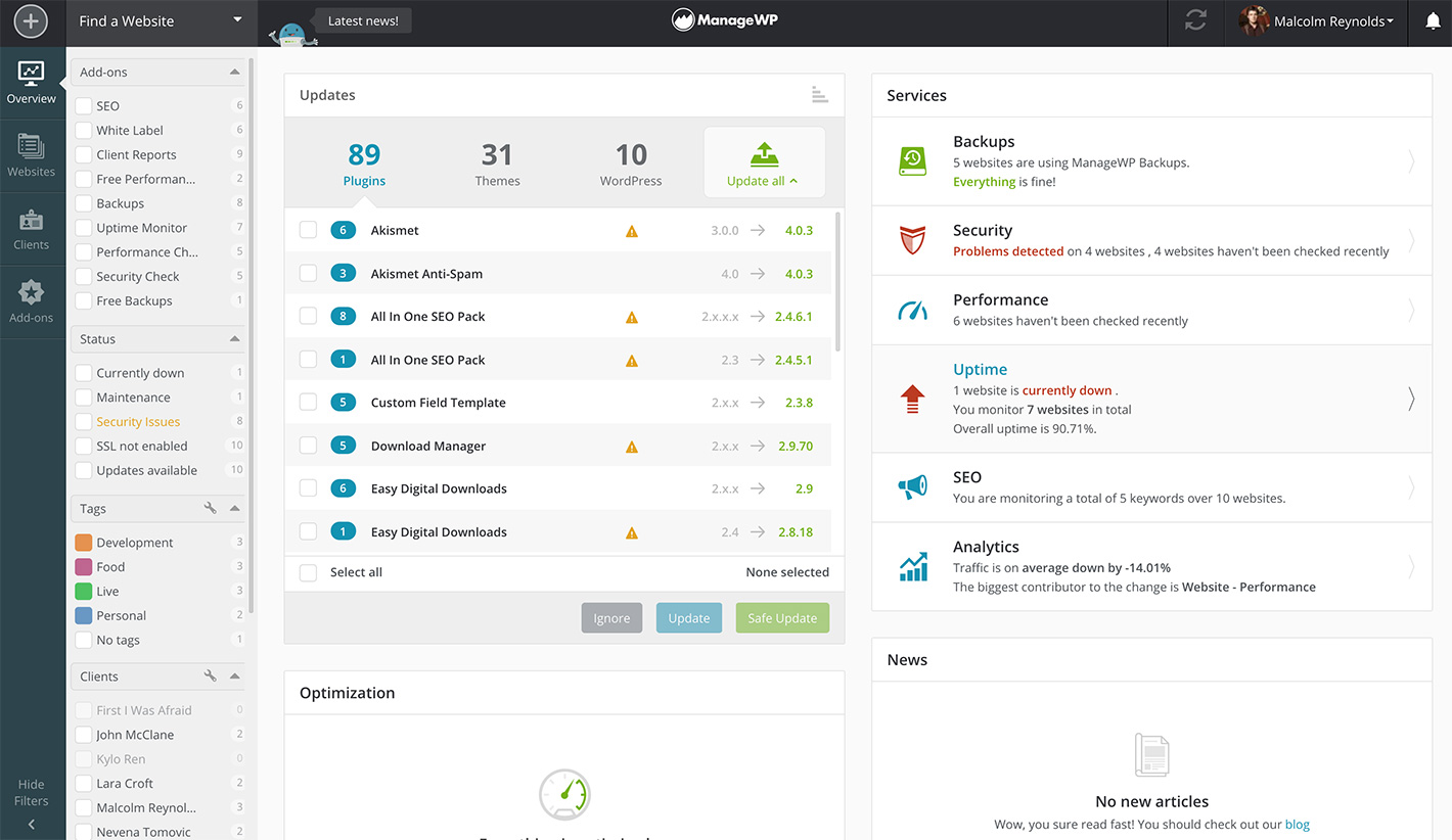 ManageWP dashboard