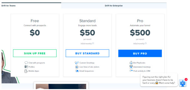 Drift's chat pricing page