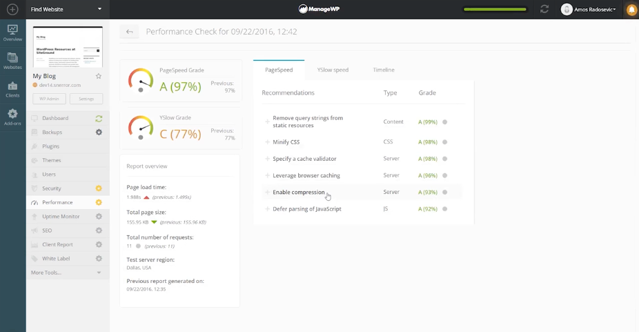 ManageWP Performance Scan