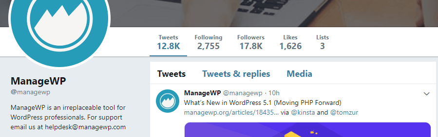 ManageWP's Twitter account.