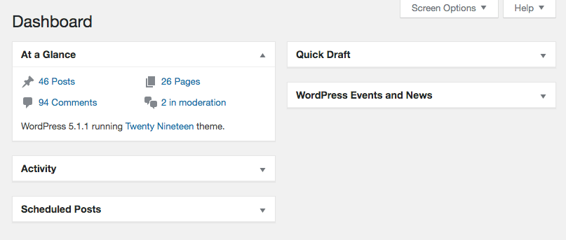 The At a Glance widget in the WordPress dashboard.