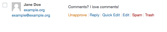 A published comment on the WordPress back end.