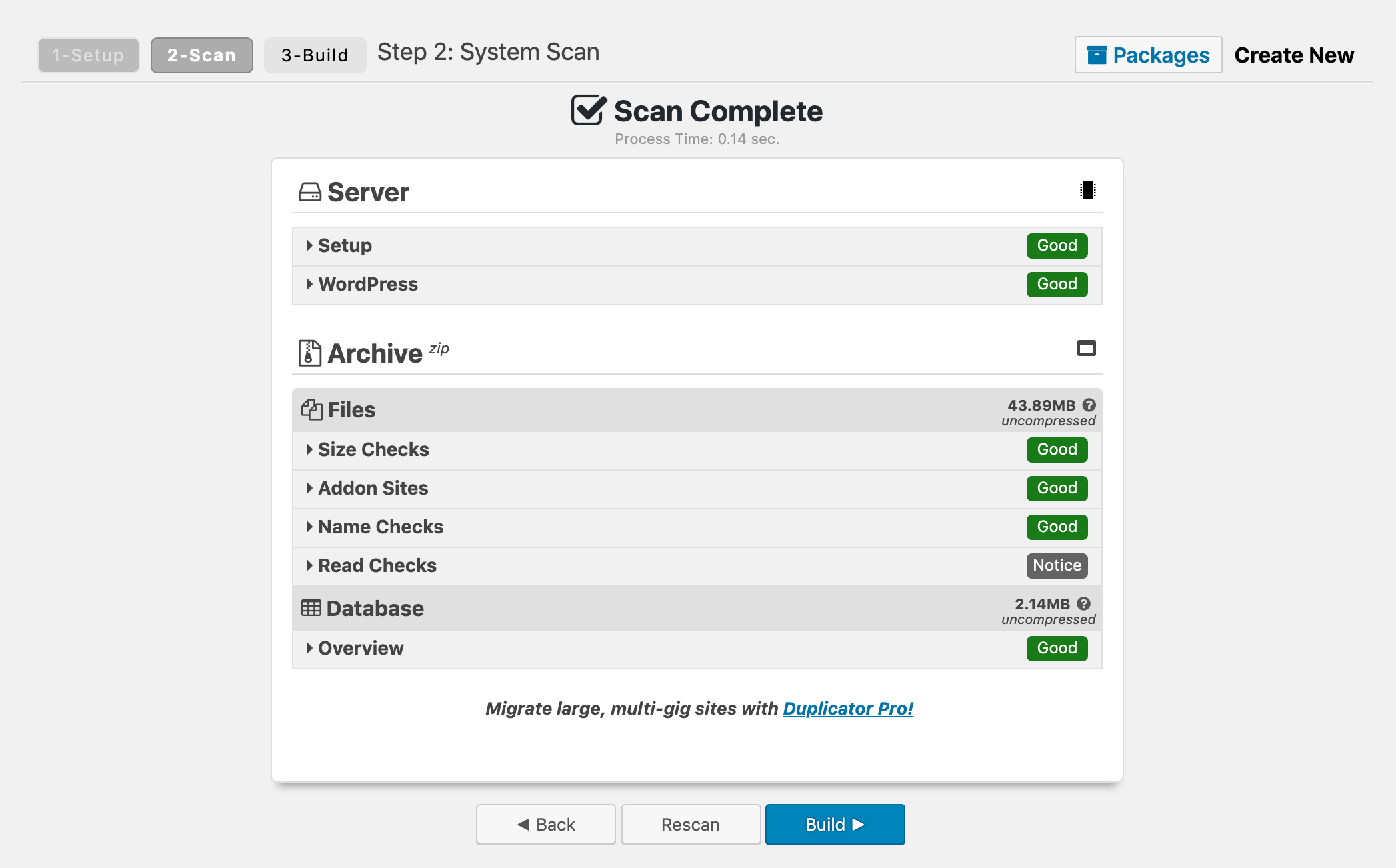 Scanning the existing site in Duplicator.