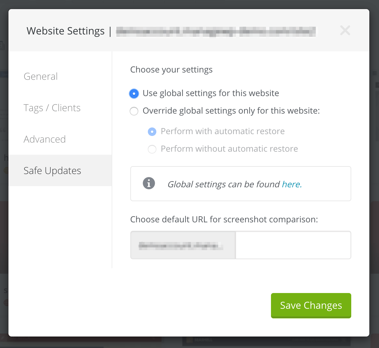 The Website Settings Safe Updates section.