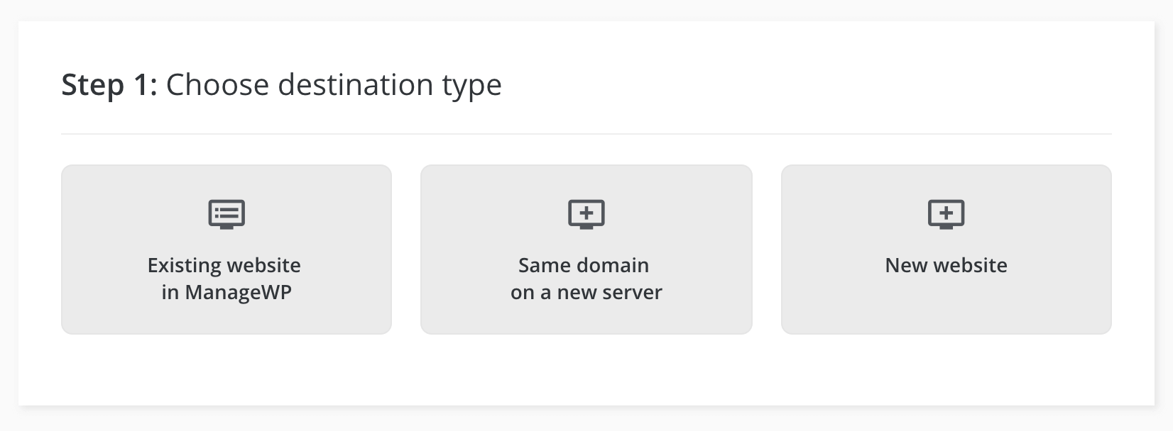 The ManageWP clone destination options.