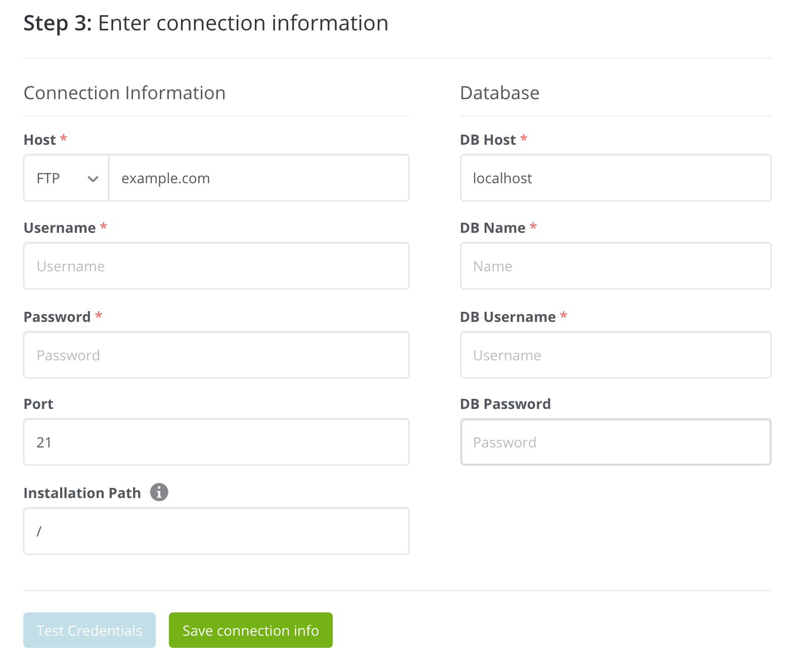 Entering FTP credentials for a clone site in ManageWP.