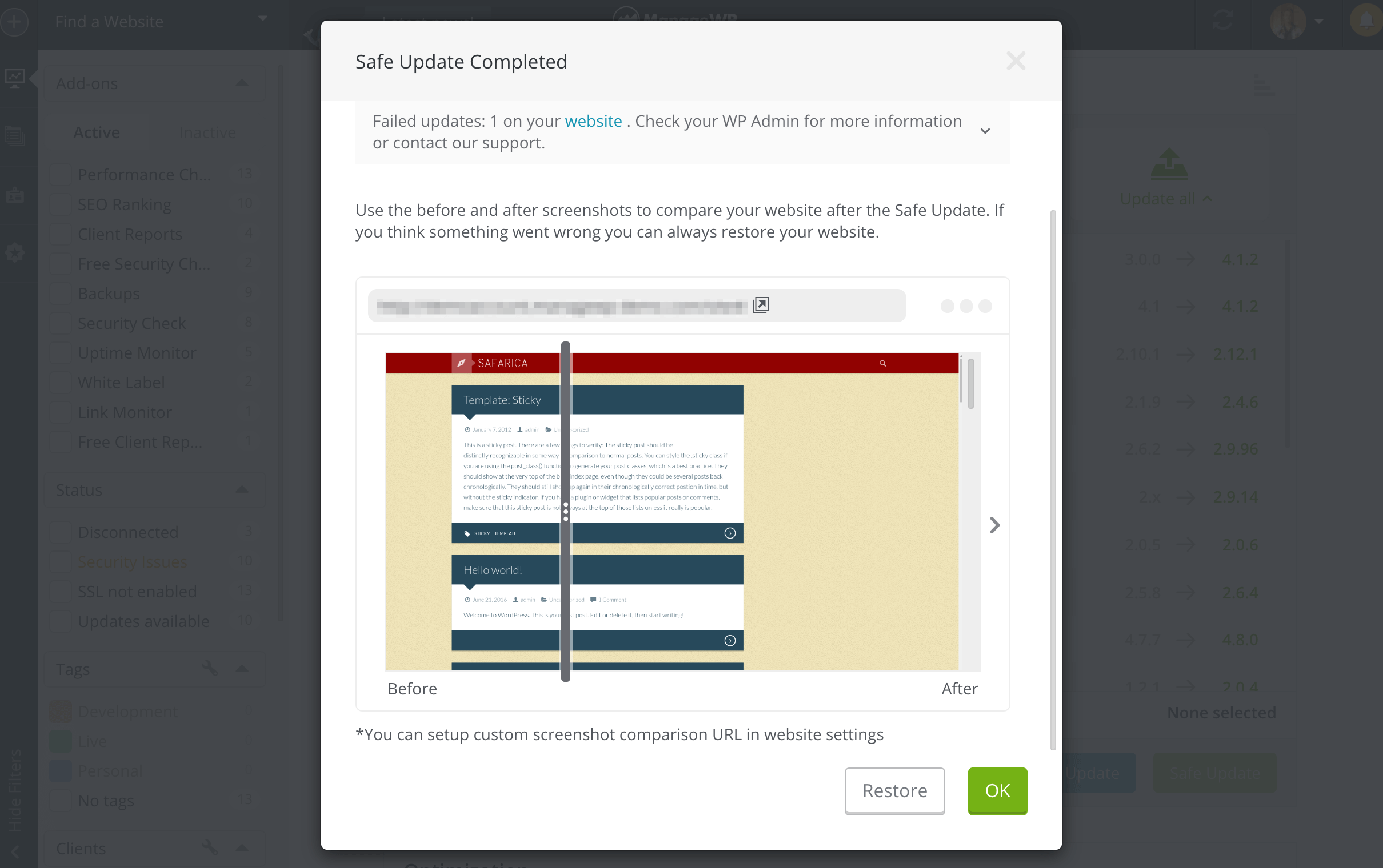 The Safe Update before and after screenshot comparison slider.