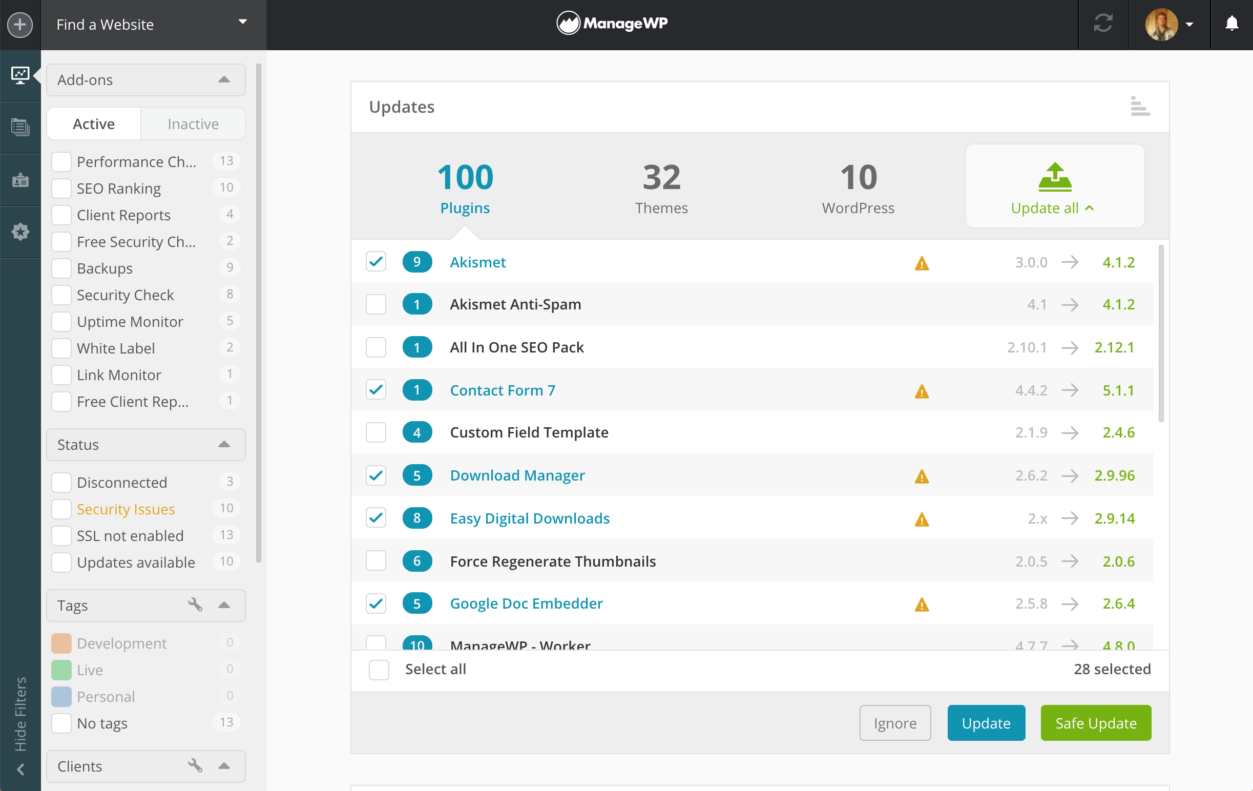 Selecting plugins for safe updating.