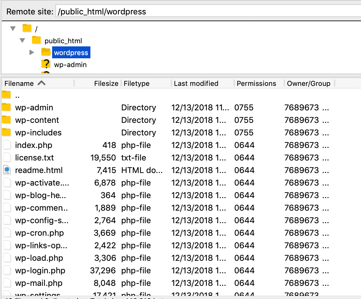 Downloading WordPress files via FTP.