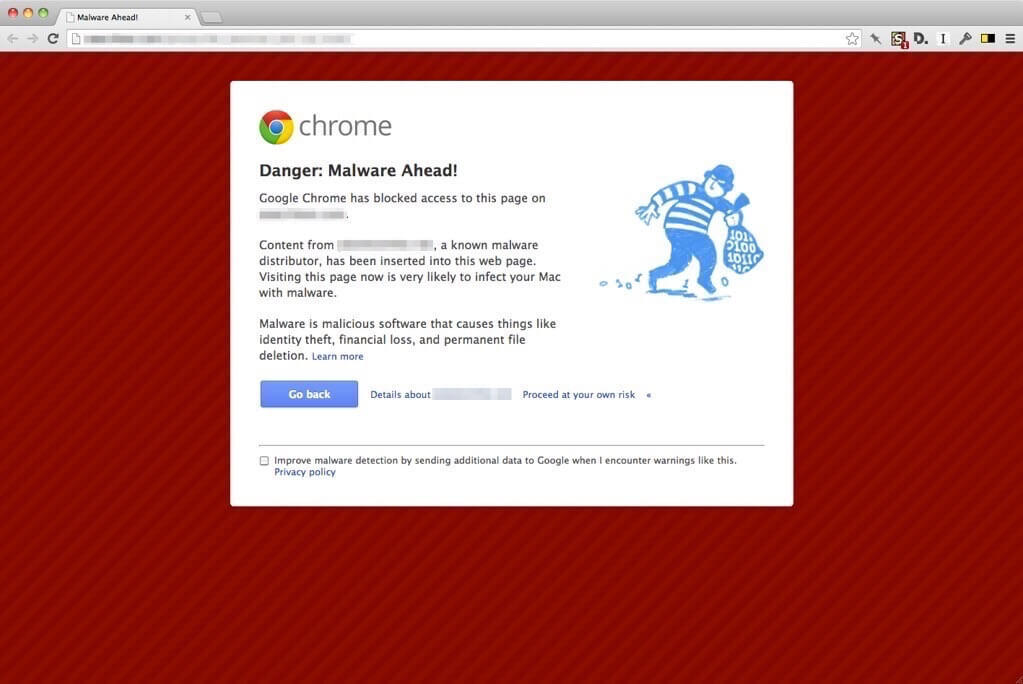A malware warning in Google Chrome.