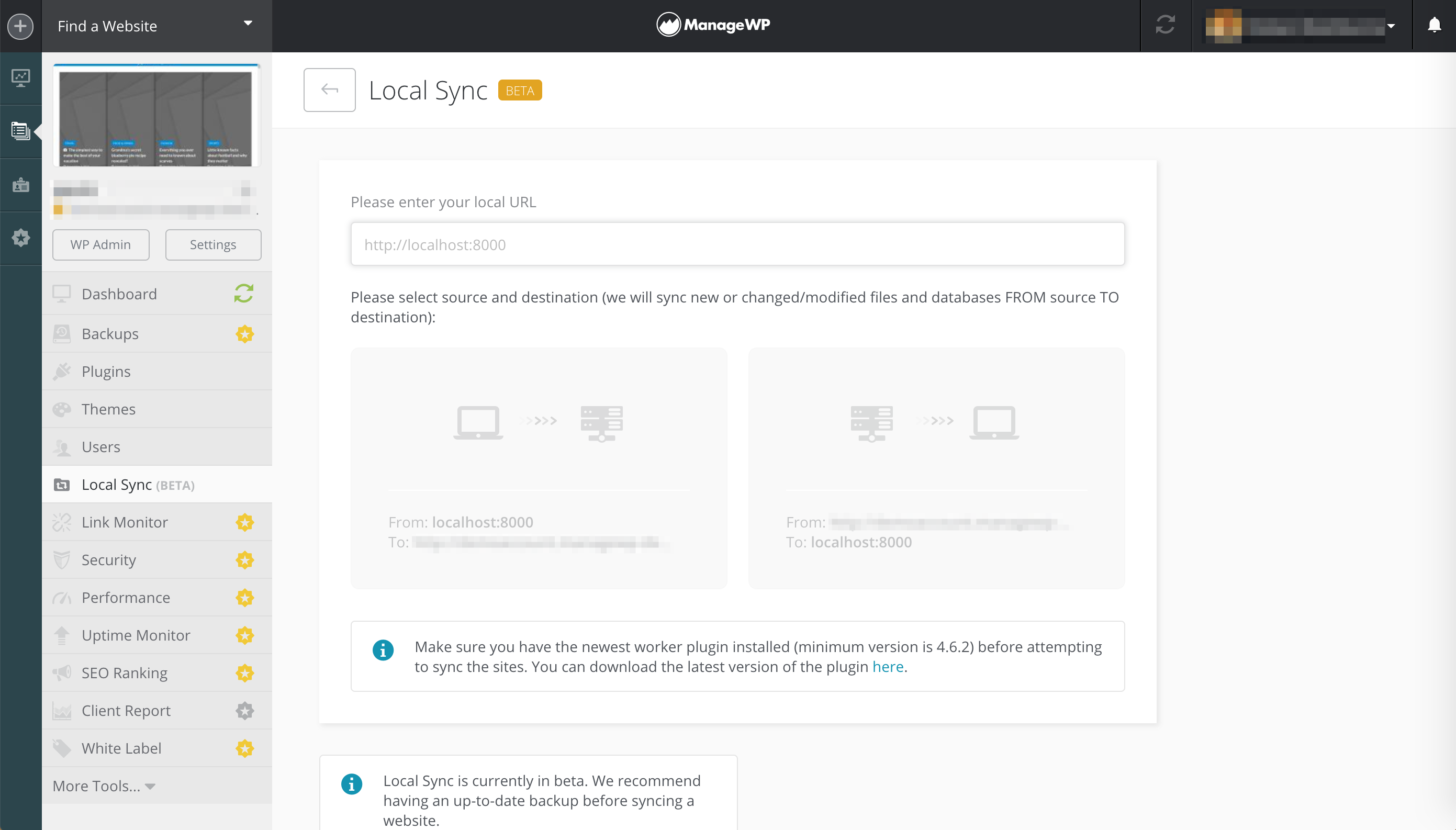 The ManageWP Local Sync feature.