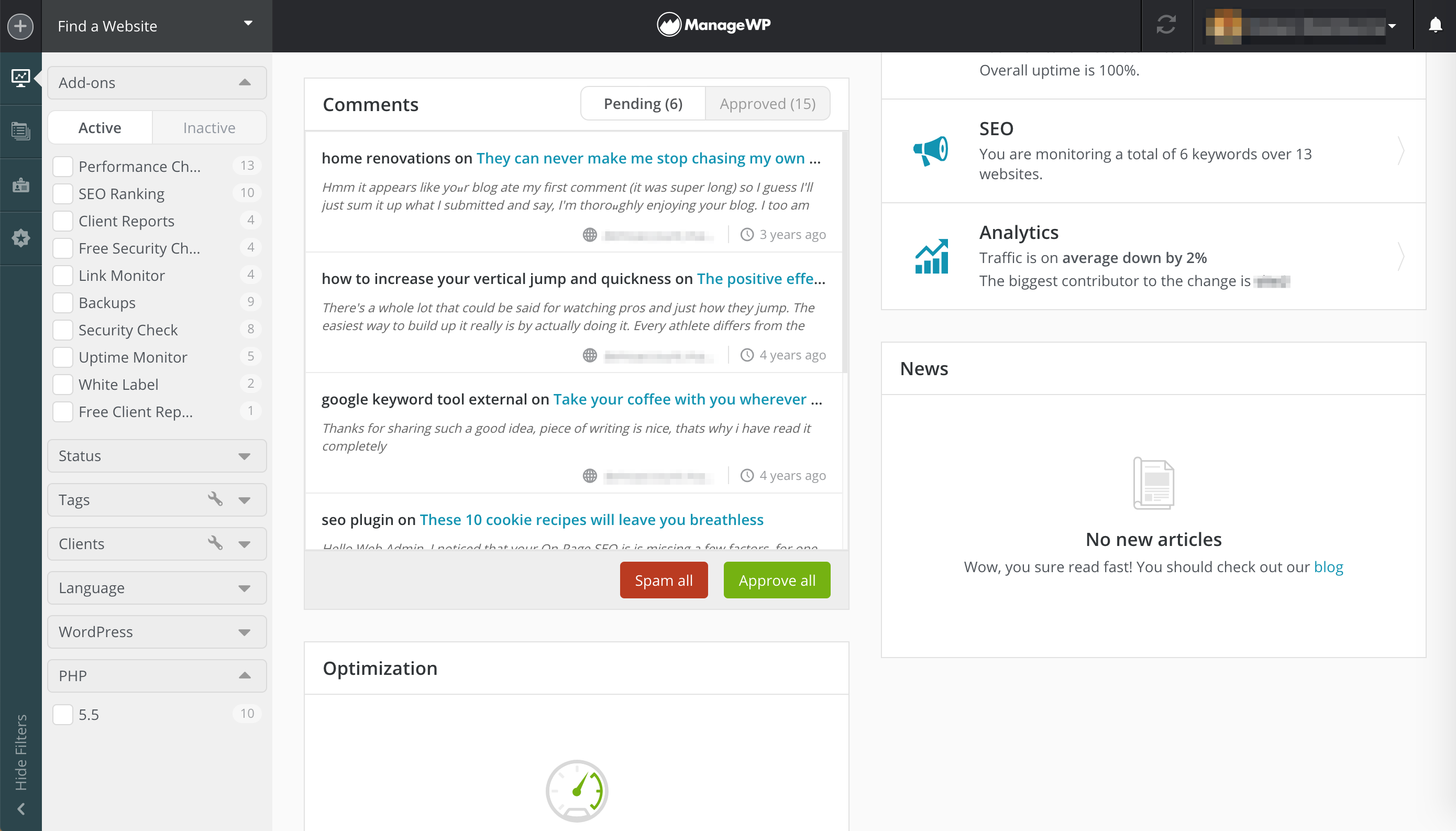 The ManageWP comment manager.