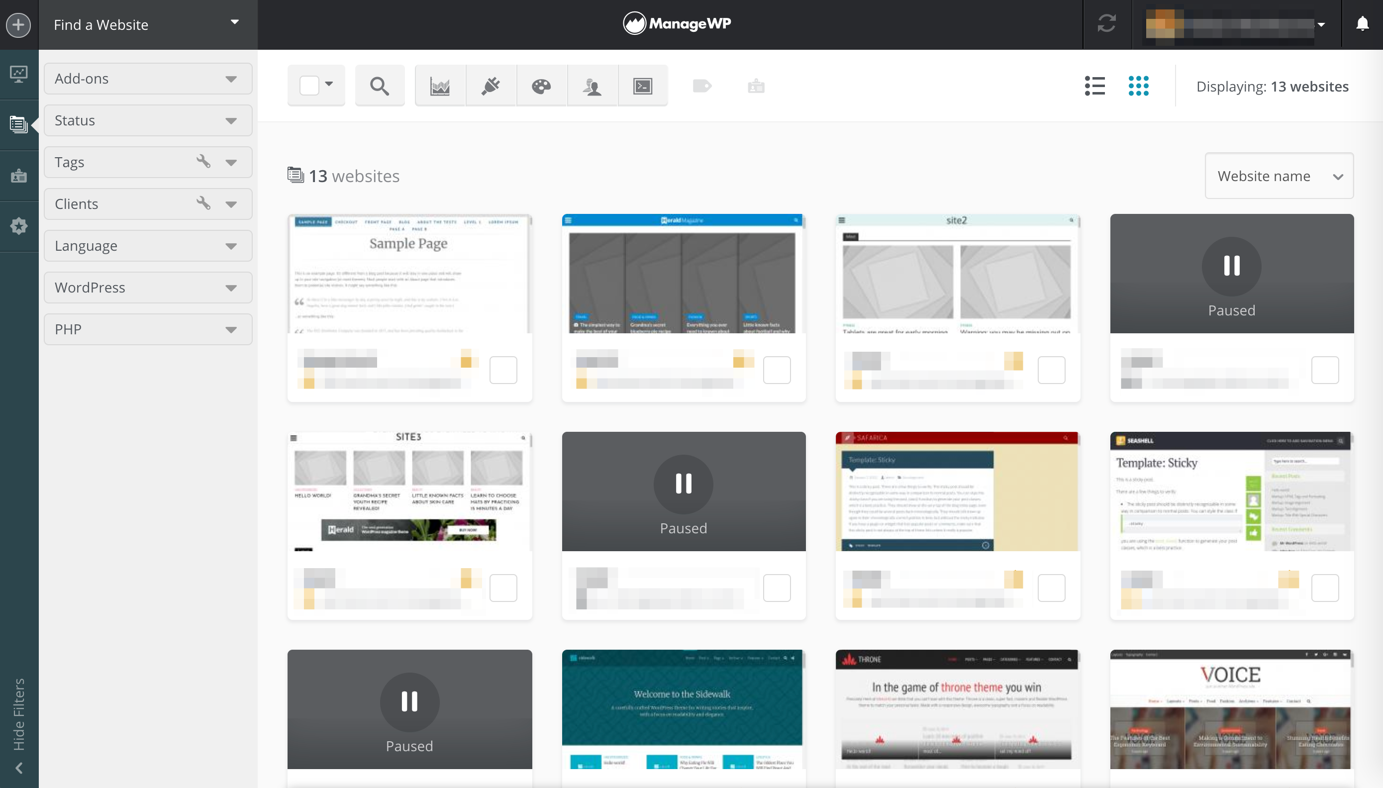 A ManageWP dashboard.