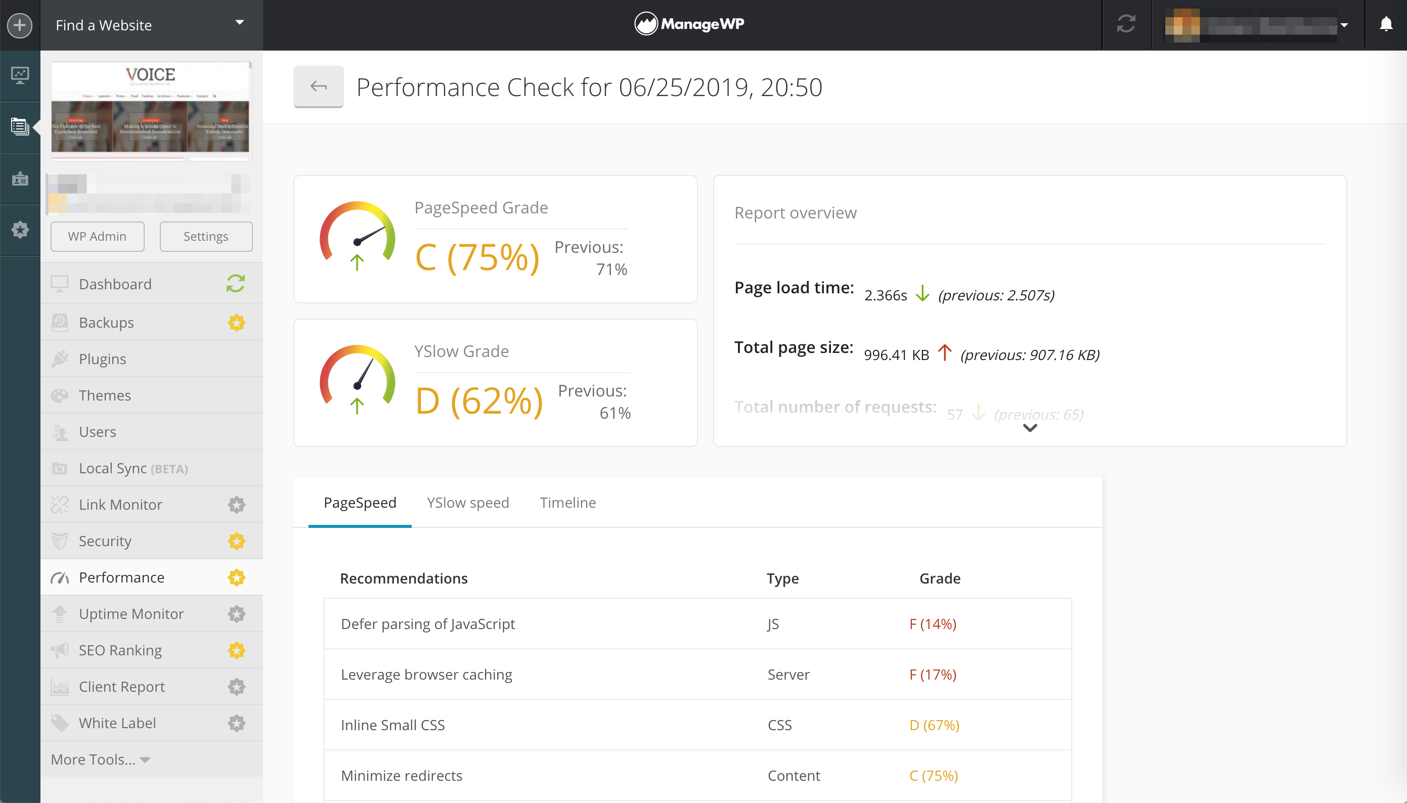 The results of a ManageWP performance check.